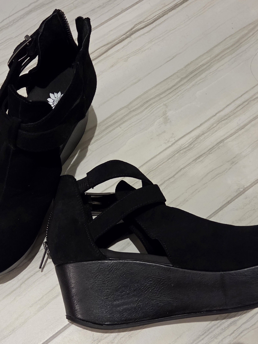 Yellow Box Black Wedge Ankle Booties with Strappy Cutouts
